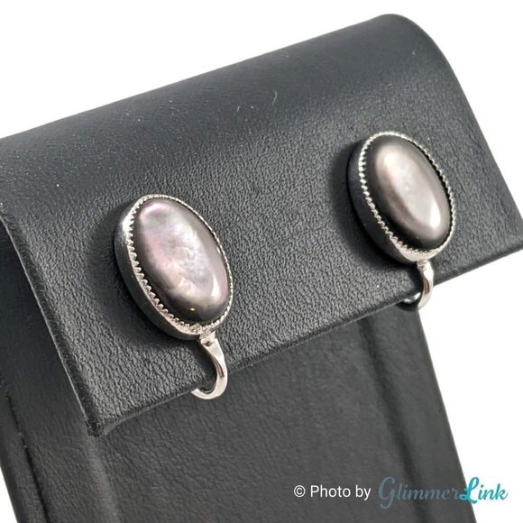 Vintage 12K White Gold Filled Oval Black MOP Abalone Shell Cabochon Screw Back E - Picture 2 of 9